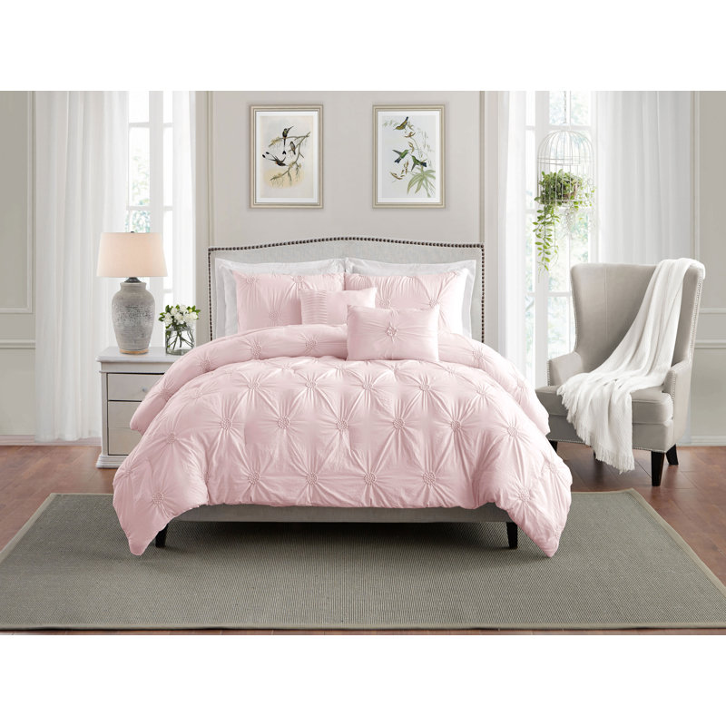 Floral Pintuck 3PC Comforter Set, Soft Microfiber, Pastel Colors, Lightweight Bedding Set, Blush