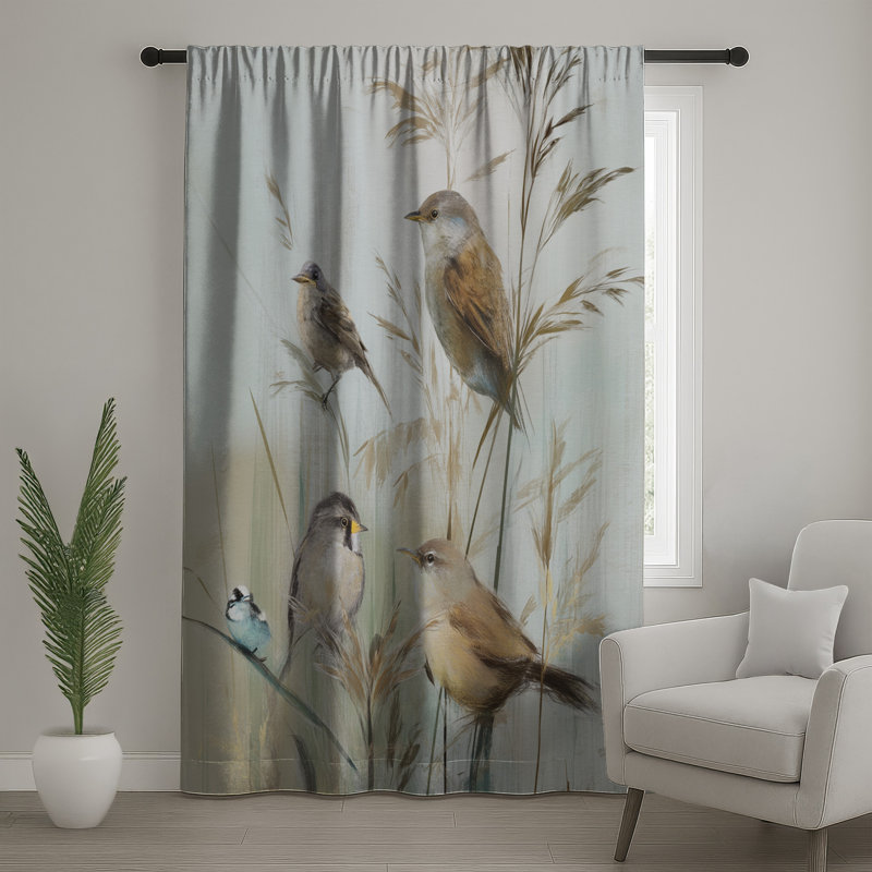 Birds On Grass Stems Window Curtains, Birds Sheer & Blockout Curtains - 1 Panel, 50" x 92" - 1 Panel, Sheer