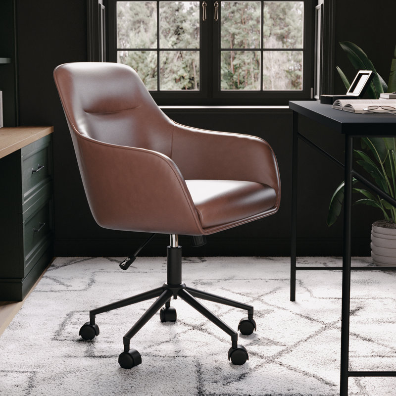Martha Stewart Rayna Upholstered Swivel Home Office Chair with Flared Arms, Saddle Brown, Oil Rubbed Bronze