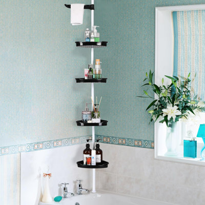 Corner Shower Caddy Tension Pole, Rust-Proof Bathroom Storage Organizer With 4-Tier Adjustable Shelves, Corner Shower Shelf With Rubber Pad, 101.6 Inch-122 Inch Height