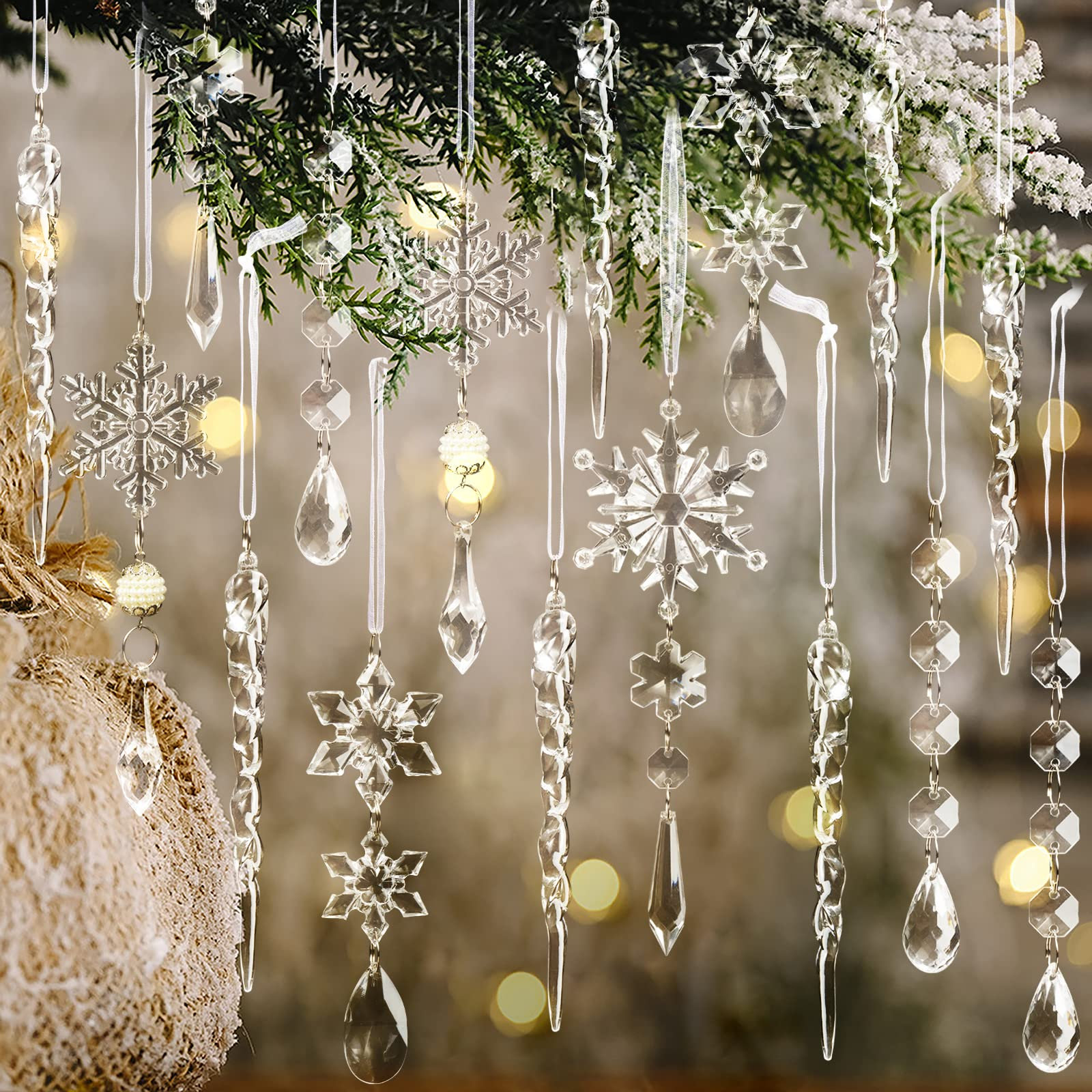 Christmas Ornaments Hanging Acrylic Crystal Clear Snowflakes Glitter Tree  Party 