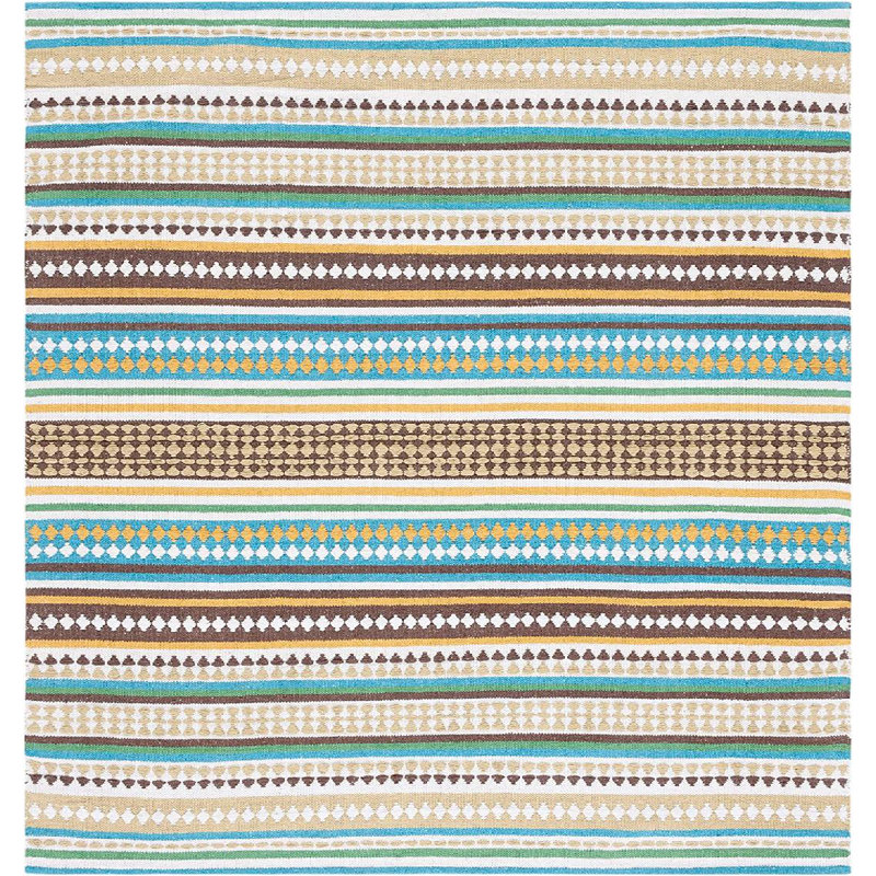 Tapis de chambre à coucher à rayures en coton fait à la main bleu clair / ivoire, Carré de 6 pi