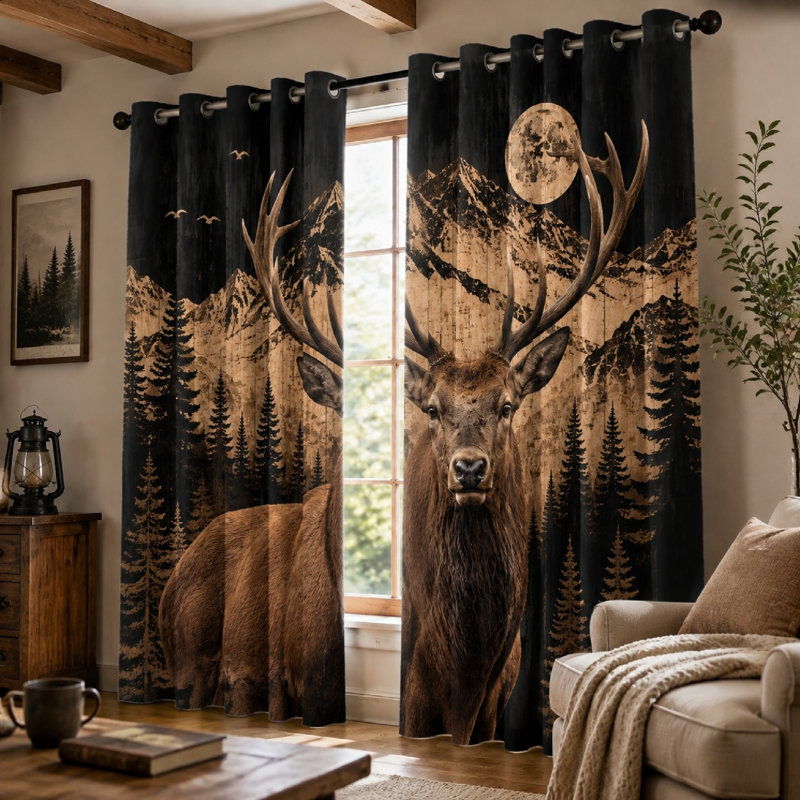 Ensemble de 2 rideaux occultants Majestic Elk Forest Moon Scene, style rustique inspiré de la nature, imprimé animaux de la forêt, à œillets, isolants thermiques et occultants pour la décoration du salon.