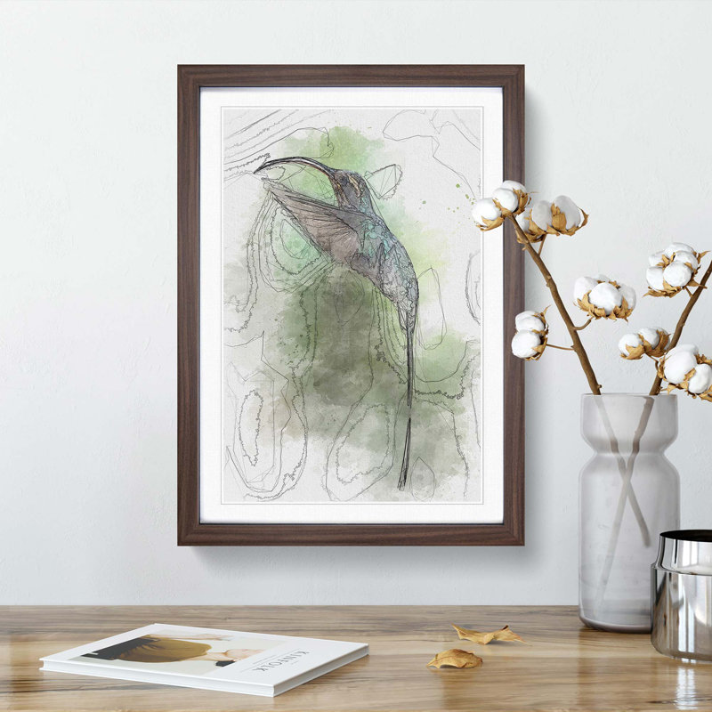 Green Hermit Hummingbird in Abstract - Picture Frame Graphic Art Print, Walnut Framed, 87cm H x 62cm W x 2cm D