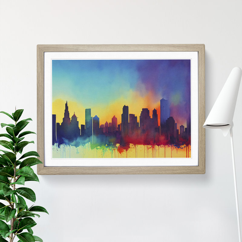 Watercolour City Skyline Vol.7 Abstract - Single Picture Frame Print, 34cm H x 46cm W x 2cm D, Oak Framed