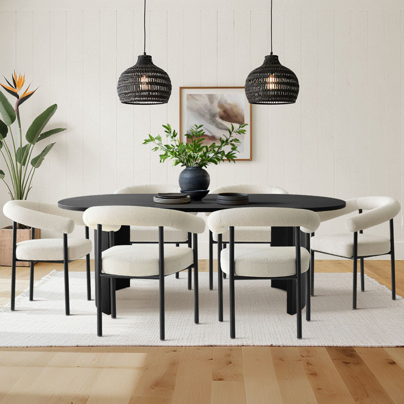 79'' Oval Black Dining Table With 6 Beige Boucle Upholstered Dining Chairs, Modern Dining Room Set