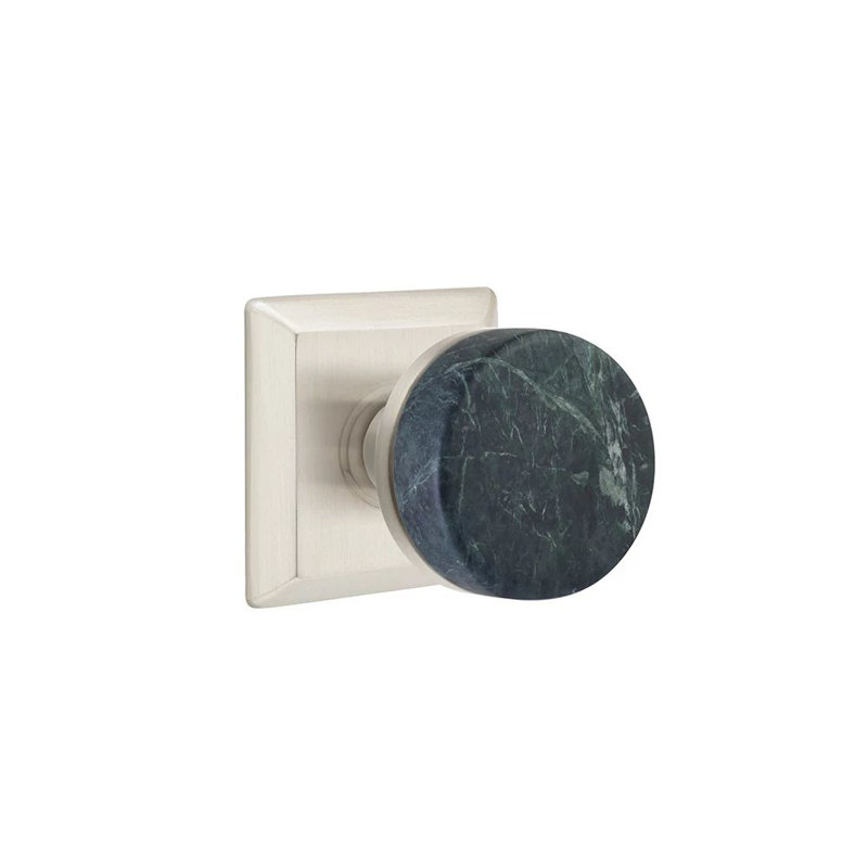 Mortaise intérieure Emtek Select Passage avec rosette Quincy et tige conique, bouton en marbre vert (droite), Nickel satiné