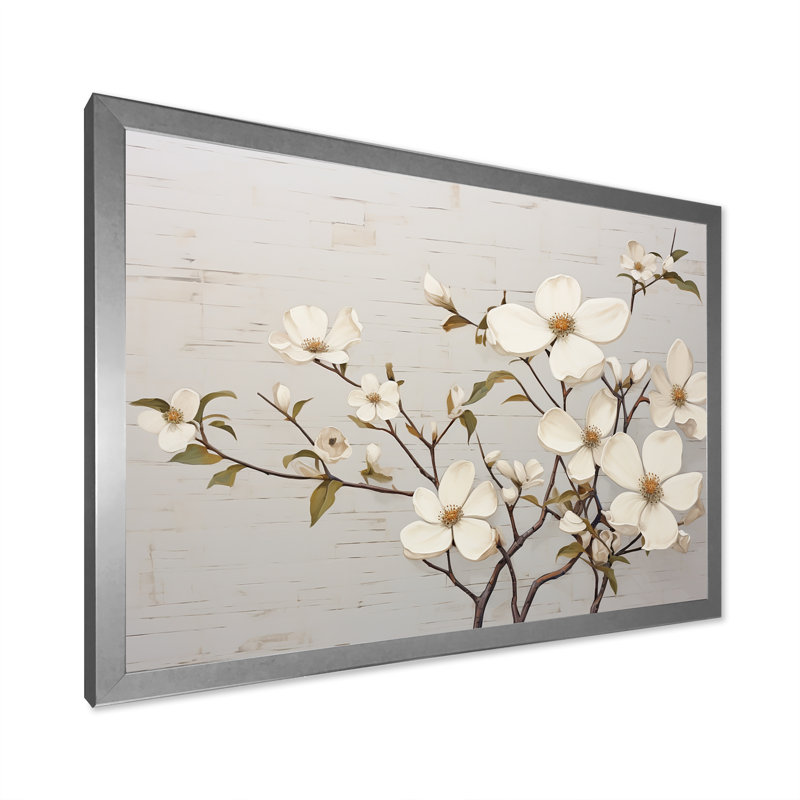 «White Dogwood Blossom Scenery VII», reproduction sur toile, Cadre de coin argenté fermé, H 16 po x l 32 po x P 1 po