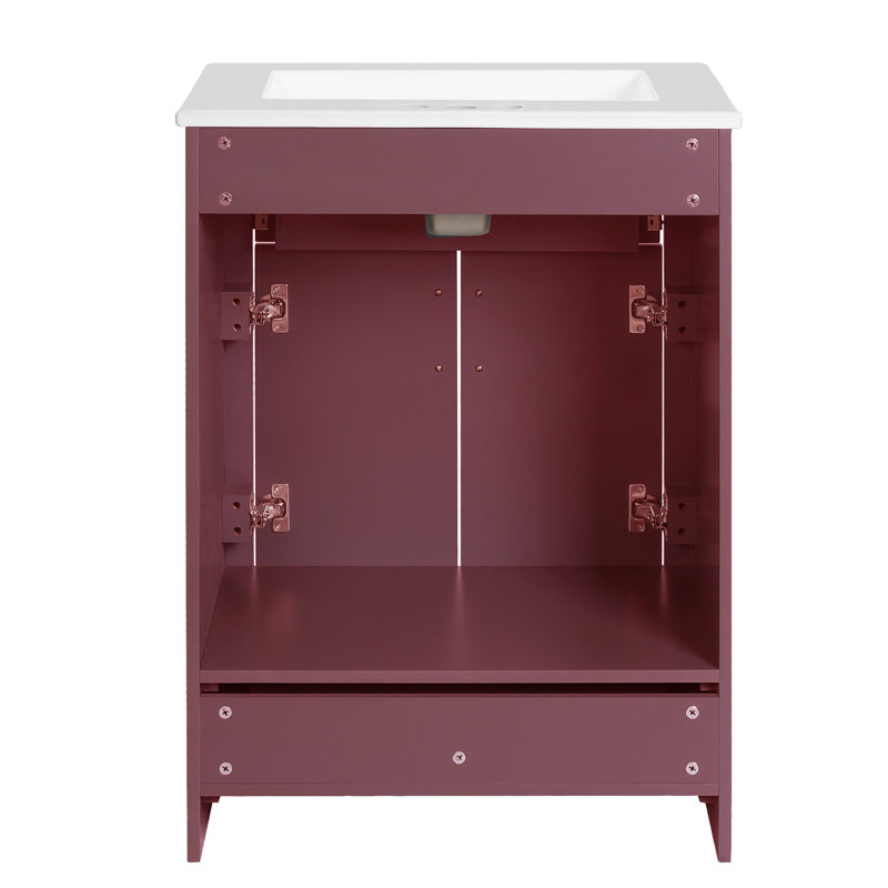 24" Freestanding Bathroom Vanity With Ceramic Top, Dark Pink