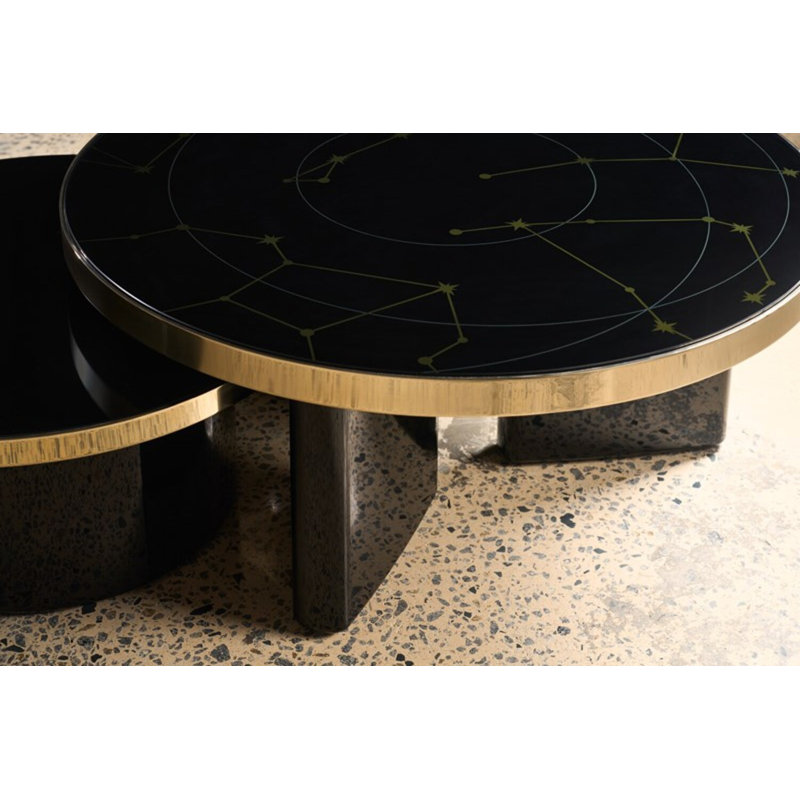 Round Black and Gold Wood Glass Cocktail Table