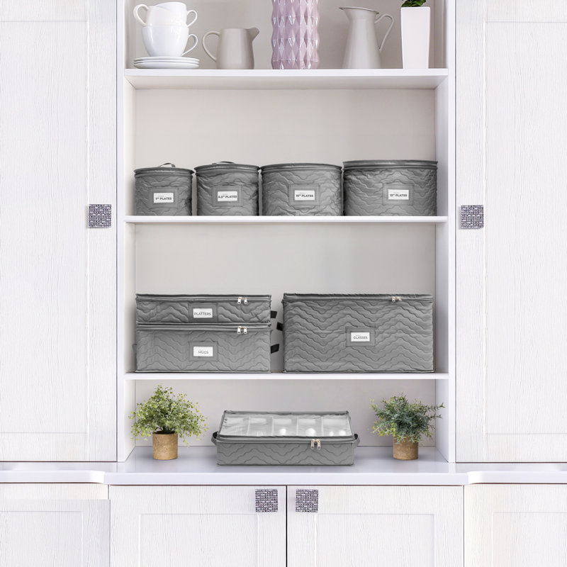 Gray Quilted Fabric Stemware Storage Box with Dividers