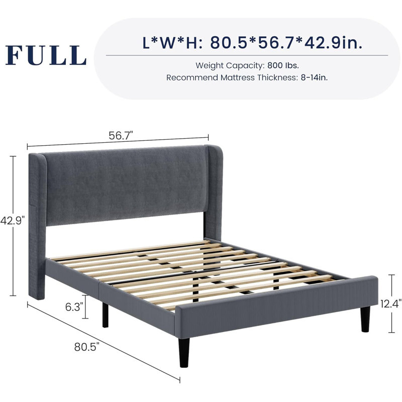 Platform Bed Frame With Upholstered Wingback Headboard, No Box Spring Needed, Dark Grey, Full