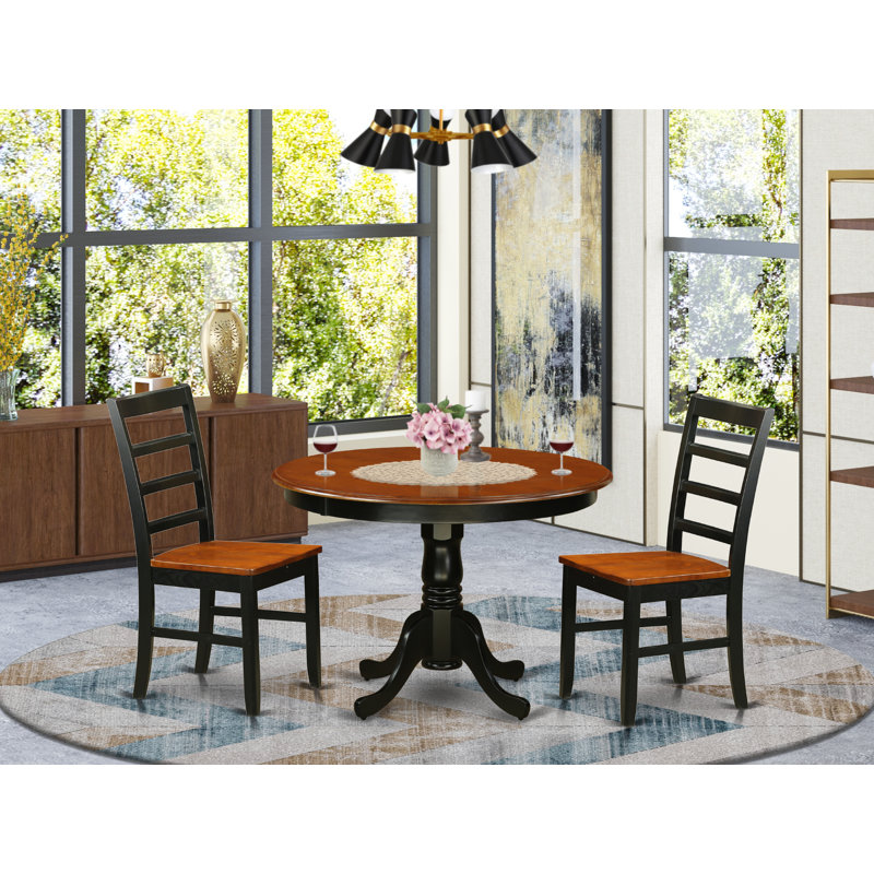 3 Piece Dining Table Set for Small Spaces Contains a Round Dining Table with Pedestal and 2 Wood Seat Chairs, Black & Cherry