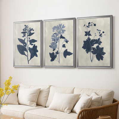Navy Pressed Flowers VI  -Custom Framed  Wrapped Gallery Canvas - 3 Pieces