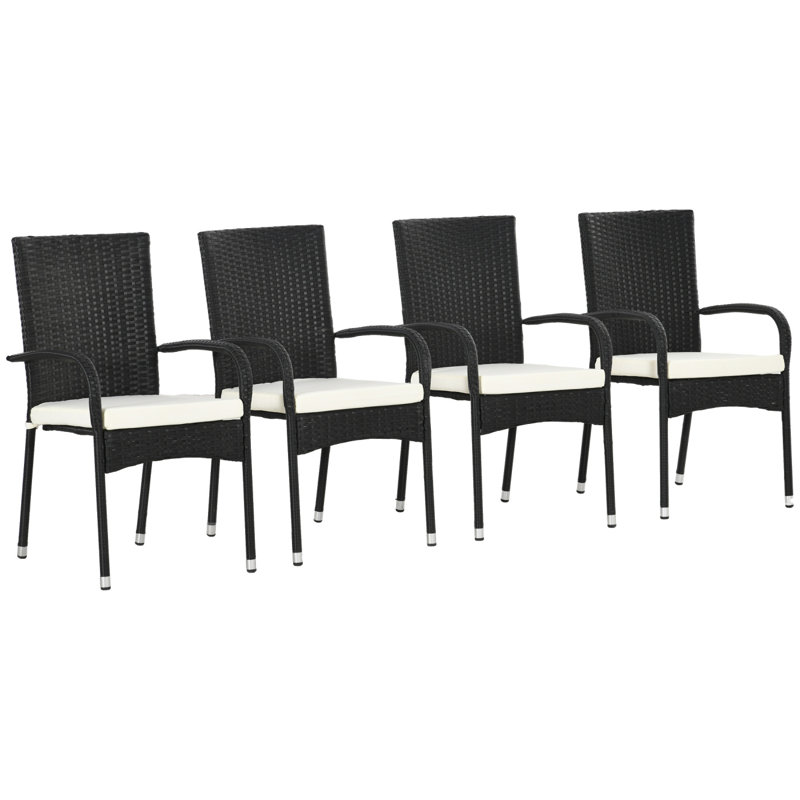 Outsunny Stackable PE Rattan Outdoor Dining Chairs With Cushions, Set Of 4 Patio Wicker Dining Chairs With Armrests And Backrest For Patio, Deck, Cream White