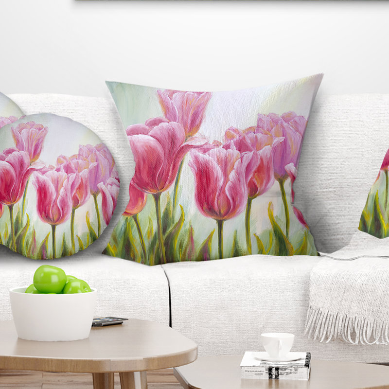 Tulipes dans une rangée - coussin à imprimé floral, 18 po x 18 po, Coussin décoratif