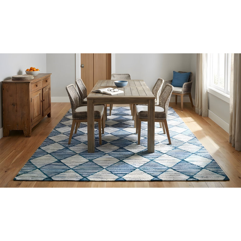 Tapis bleu / gris en laine noué à la main de conception unique 6 pi x 9 pi