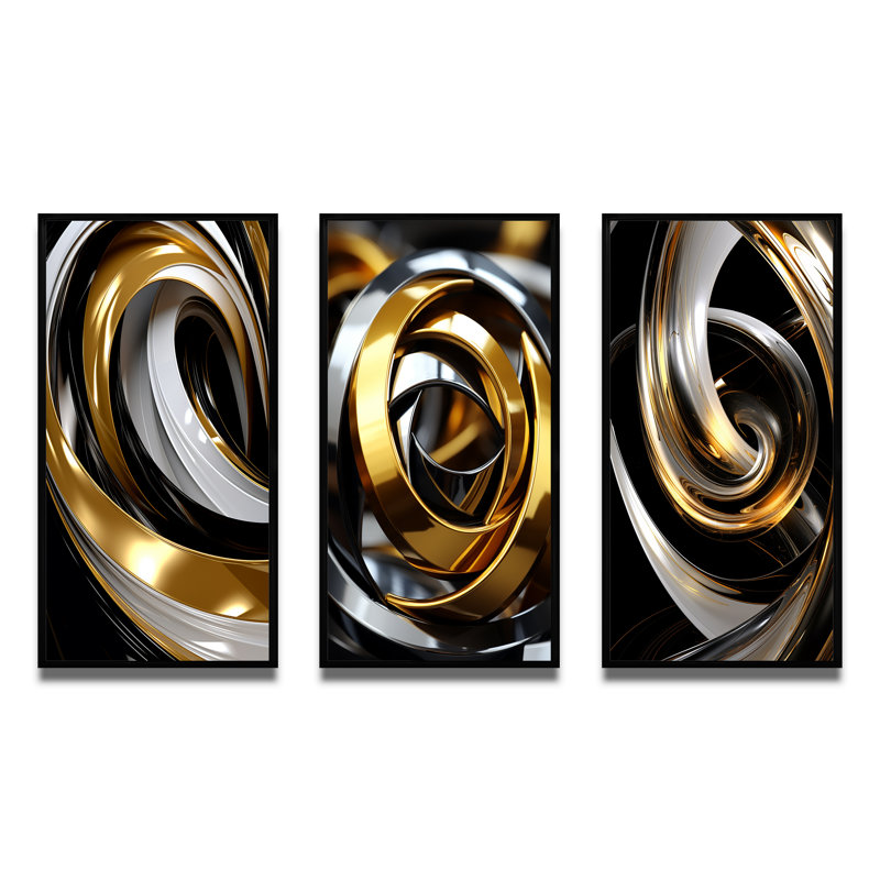 Liquid Gold Black And White Swirling Dimension I - Abstract Spirals Art Set Of 3 Pieces, Cadre flottant noir