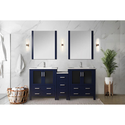Bleu marine 72 po Meuble-lavabo double W, armoires latérales, surface en céramique blanche, 28 miroirs, tiroirs à fermeture en douceur, meuble-lavabo de salle de bain durable avec plateau, fermeture, rangement à deux compartiments