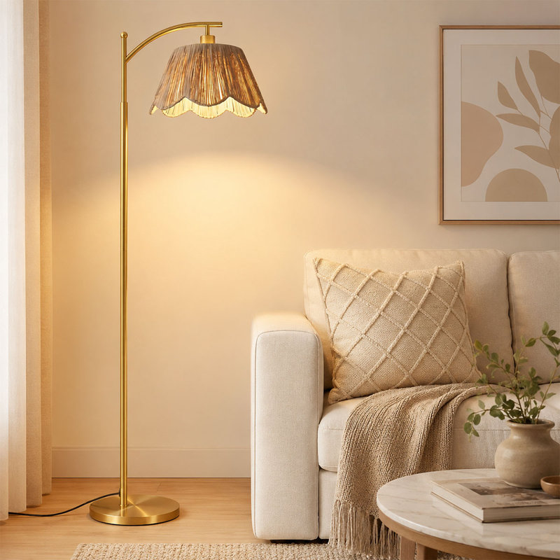 67" Boho Gold Boho Rattan Arc Floor Lamp with Remote and Dimmable LED Bulb Included Standing Light for Living Room Reading