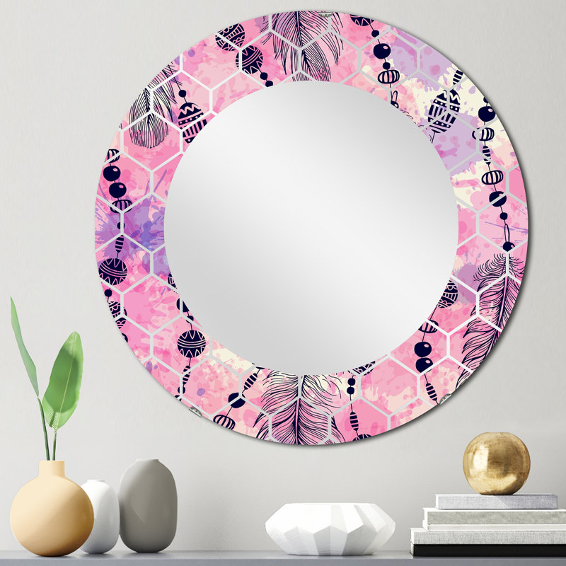 Plumes roses et mauves Boho - miroir mural bohémien, 24 po x 24 po