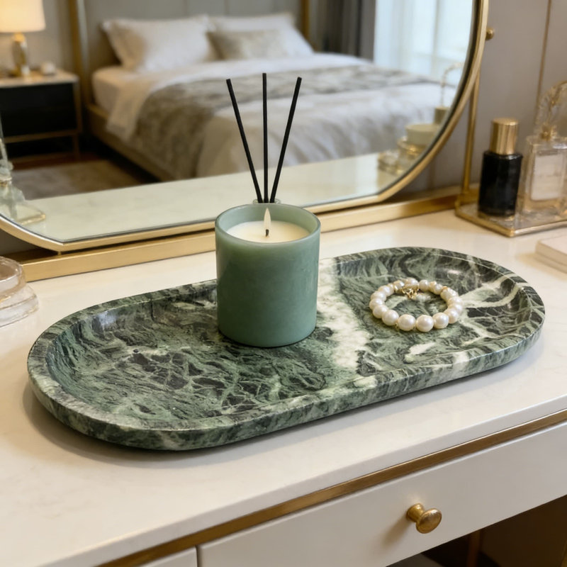Plateau décoratif en marbre naturel pour meuble-lavabo, salle de bain et rangement de comptoir de cuisine | Organisateur de pierre fabriqué à la main pour bijoux, parfums et bougies