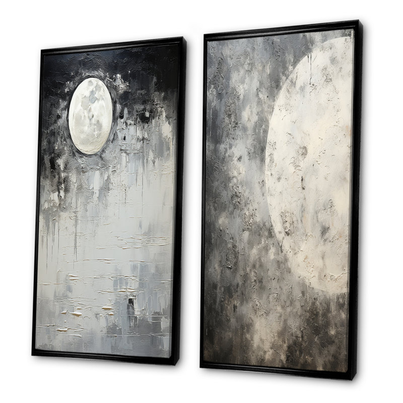 Minimalisme gris lune surface I - Tachisme ensemble d'art mural sur toile 2, Cadre flottant noir, H 32 po x l 33 po