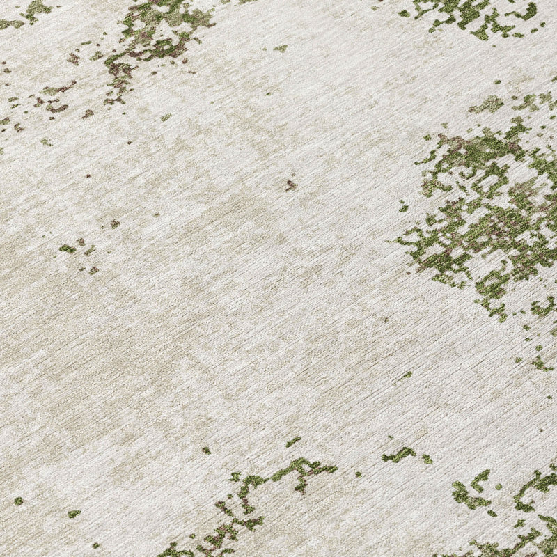 Olive and Off-White Rectangular Washable Synthetic Rug