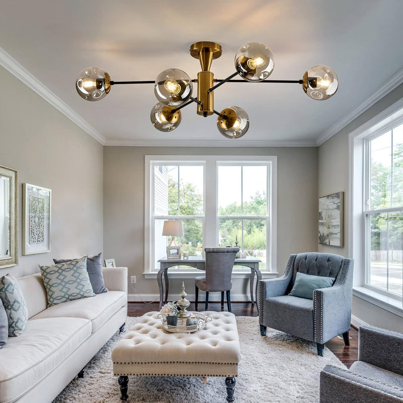 Modern Semi Flush Mount Ceiling Light Fixture 6-Light Sputnik Chandelier With Glass Globe Mid Century Lighting For Dining Room Kitchen Bedroom Living Room Farmhouse