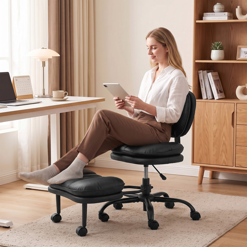 Chaise de bureau ergonomique à jambes croisées avec repose-pieds plus large, noire