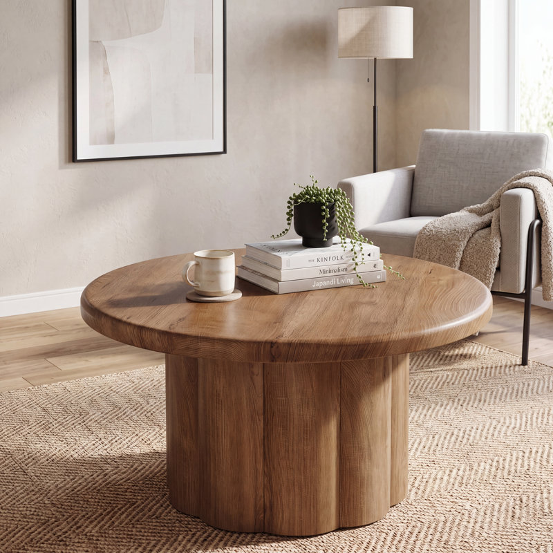 Table basse 31,5 "avec base cylindrique cannelée, table de salon de style campagnard pour appartements et petits espaces