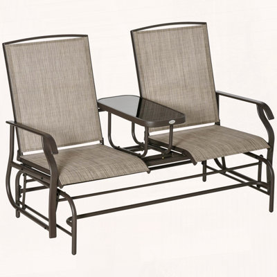 Outdoor Glider Bench With Center Table, Metal Frame Patio Loveseat