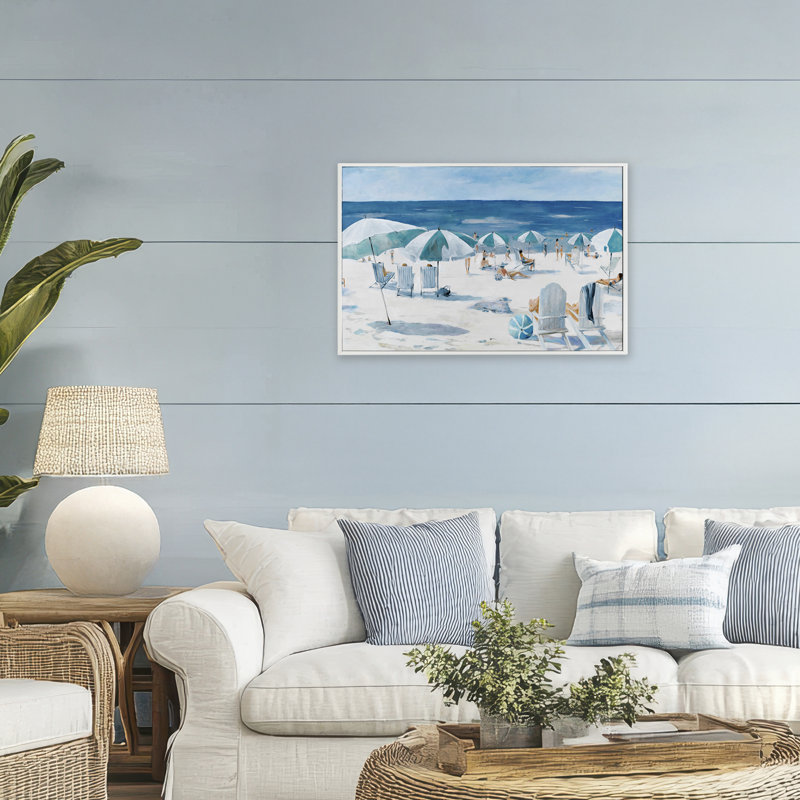 «Umbrella Beach Coastal», giclée encadrée par Lorenzo Collective, H 20 po x l 30 po, Giclée encadrée blanc bord de mer