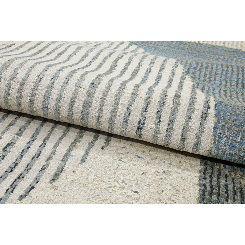 Hand Knotted Striped Area Rug in Silver/Gray/Blue, Rectangle 9' x 12'