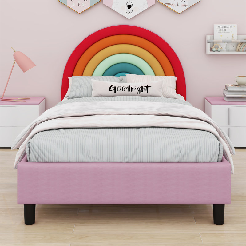 Rainbow Design Upholstered Platform Bed Cute Style Princess Bed For Boys & Girls, Teens