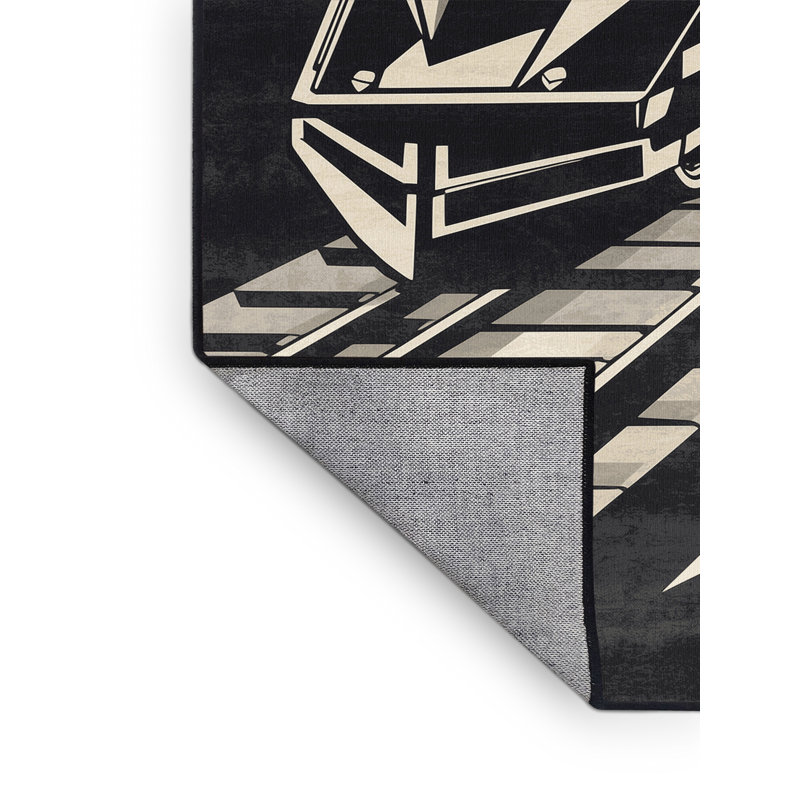 Machine Washable Vehicles And Transportation Freight Cargo Train Industrial Geometric Rug in Gray – Black Binding, 7x9