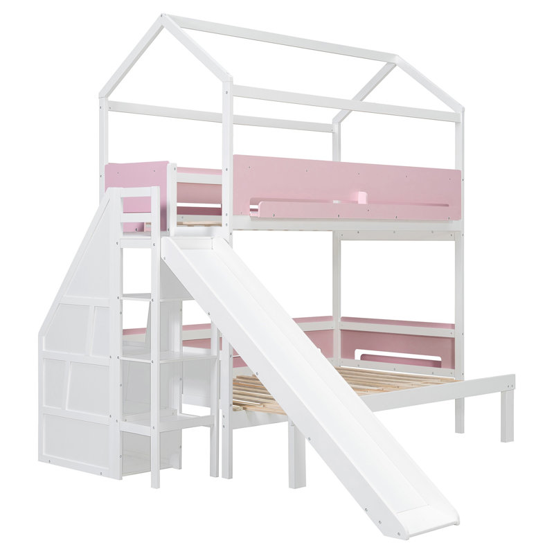 Lit superposé en bois en forme de maison avec glissière et escalier de rangement, cadre de lit simple / simple pour enfant, blanc + rose