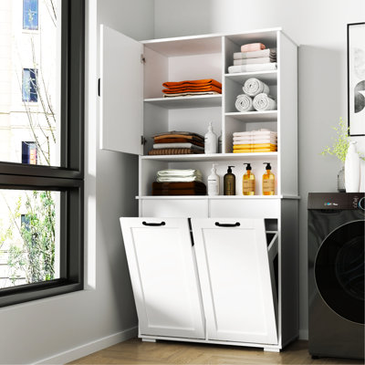 Armoire de buanderie avec panier inclinable - Portes, tablette, rangement multiple, autoportant, blanc, panier autoportant réglable
