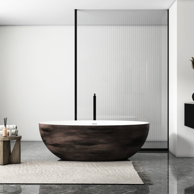 Baignoire de trempage autoportante à surface solide, 67 pouces, blanc mat et noyer, conception ergonomique, pour les salles de bains de taille moyenne à grande, structure en une seule pièce, rehausse le luxe dans les maisons familiales