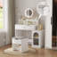 Bureau de coiffeuse blanc avec miroir pivotant à 360 ° et lumières réglables, coiffeuse de maquillage avec fauteuil de rangement et armoire d'appoint avec portes en verre Waveform, coiffeuse avec tiroir pour chambre à coucher