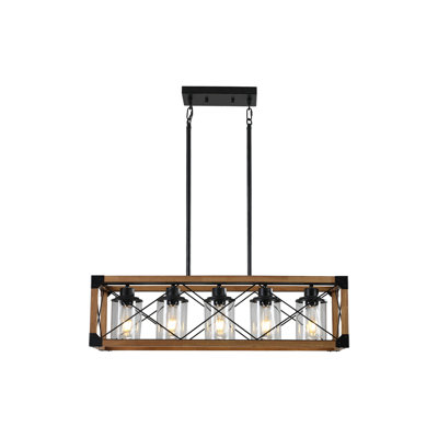 Luminaire suspendu 32 po en noyer industriel de style campagnard, lustre 5 lumières avec abat-jour pour salle à manger, îlot de cuisine, décor de café (sans ampoules)