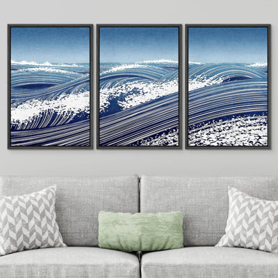 «Coastal Beach Vibrant Blue Ocean Wave Seascape», impression sur toile 3 pièces