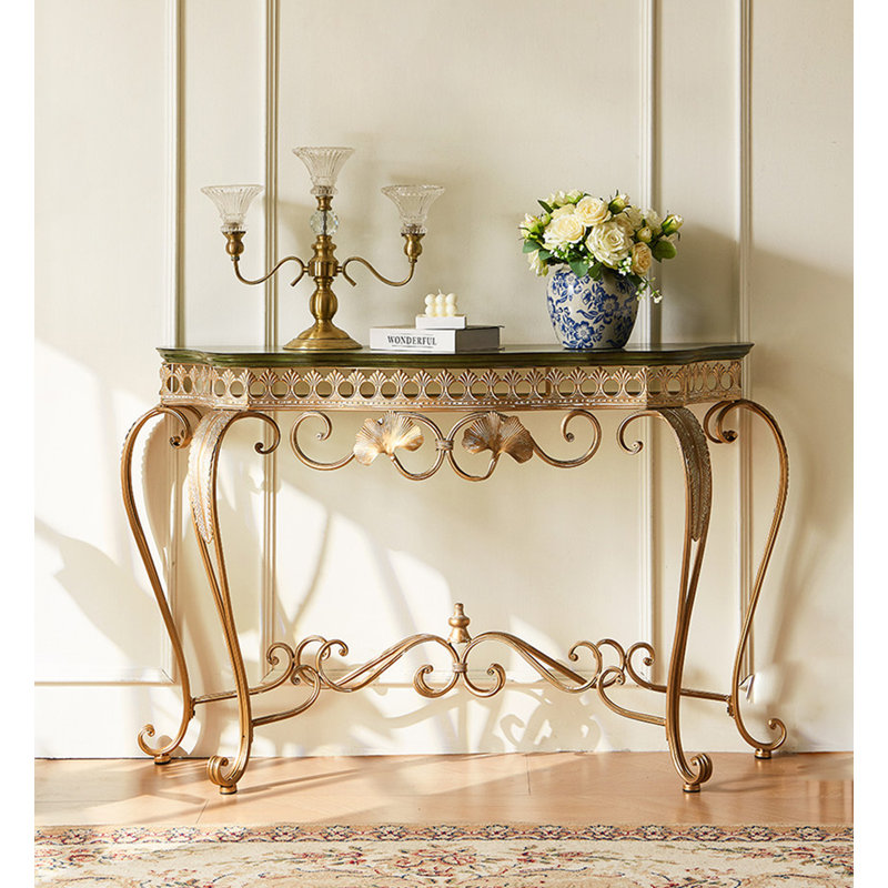 Console d'appoint en bois European Country, table d'appoint autoportante à volutes ornée d'or antique pour la décoration du salon