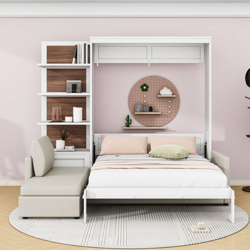 Grand lit escamotable avec canapé et tablettes, Blanc