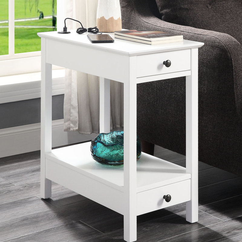 Table d'appoint rectangulaire blanche à 2 tiroirs et pieds carrés, ambiance chaleureuse