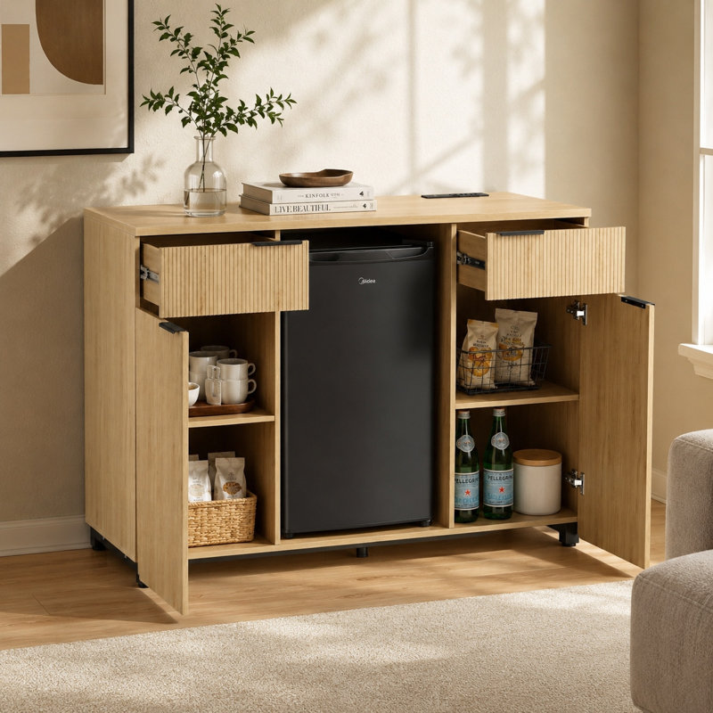 Meuble-bar moderne cannelé de 135 cm de large avec emplacement pour mini-réfrigérateur, tiroirs et pieds réglables — Mini-réfrigérateur non inclus