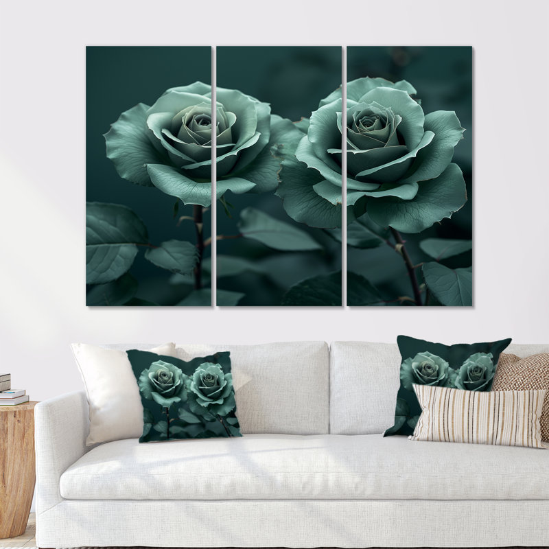 «Green Nocturnal Nirvana Roses» - ensemble d'art mural roses, H 28 po x l 36 po x P 1 po, Toile tendue