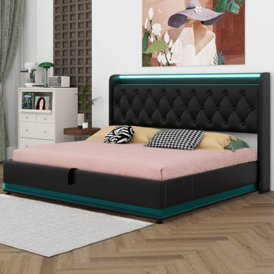Lit de rangement relevable moderne, cadre de lit à DEL avec station de charge, lit plateforme tapissier avec tête de lit à oreilles