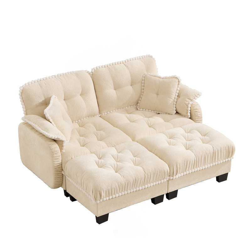 Canapé en chenille avec repose-pieds mobile et coussins capitonnés, Beige Chenille