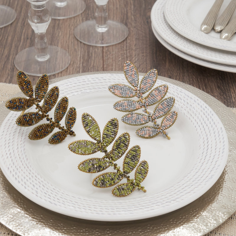 Green and Gold Beaded Leaf Napkin Rings Set of 4